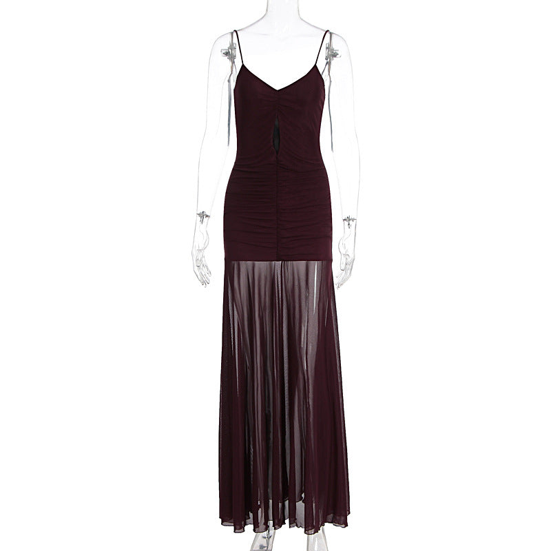 Damen Elegantes Langarm-Maxikleid mit transparentem Rock R&B