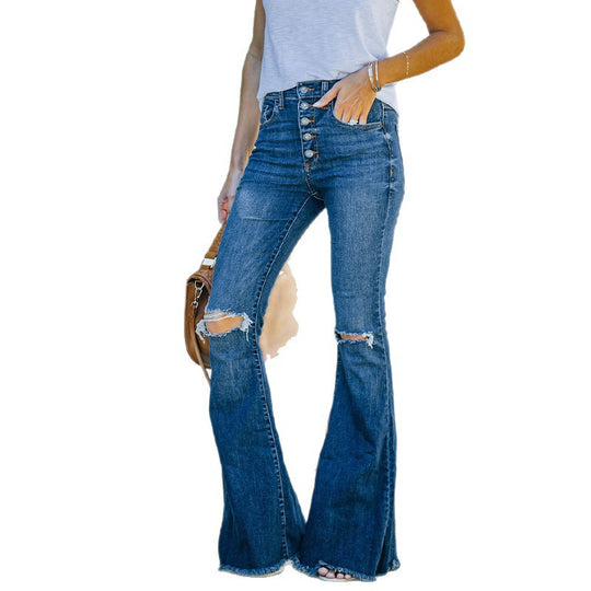 Damen Flared Jeans mit modischen Destroyed-Effekten und knopfdetail R&B