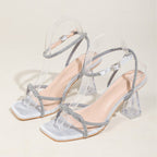 Damen modische Freizeit-Sandalen mit transparentem Blockabsatz und funkelnden Zierleisten R&B