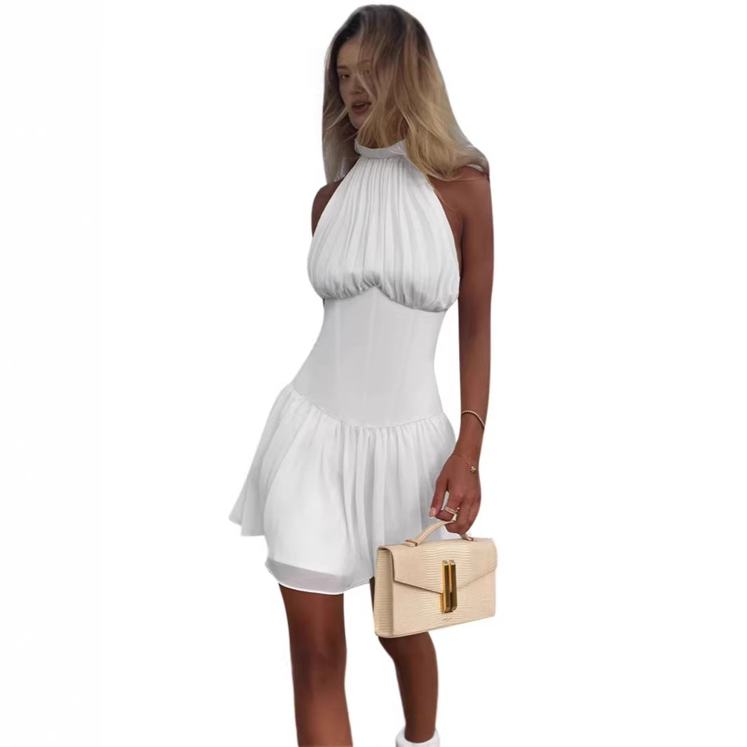 Damen schulterfreies Minikleid mit elegantem Halterneck und schwingendem Rock R&B