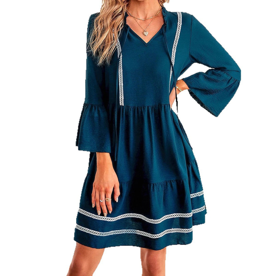 Damen lässiges Freizeitkleid mit V-Ausschnitt und dekorativem Spitzenbesatz R&B