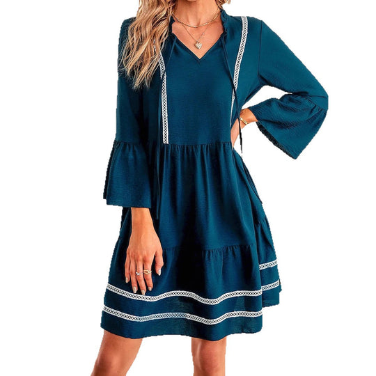 Damen lässiges Freizeitkleid mit V-Ausschnitt und dekorativem Spitzenbesatz R&B