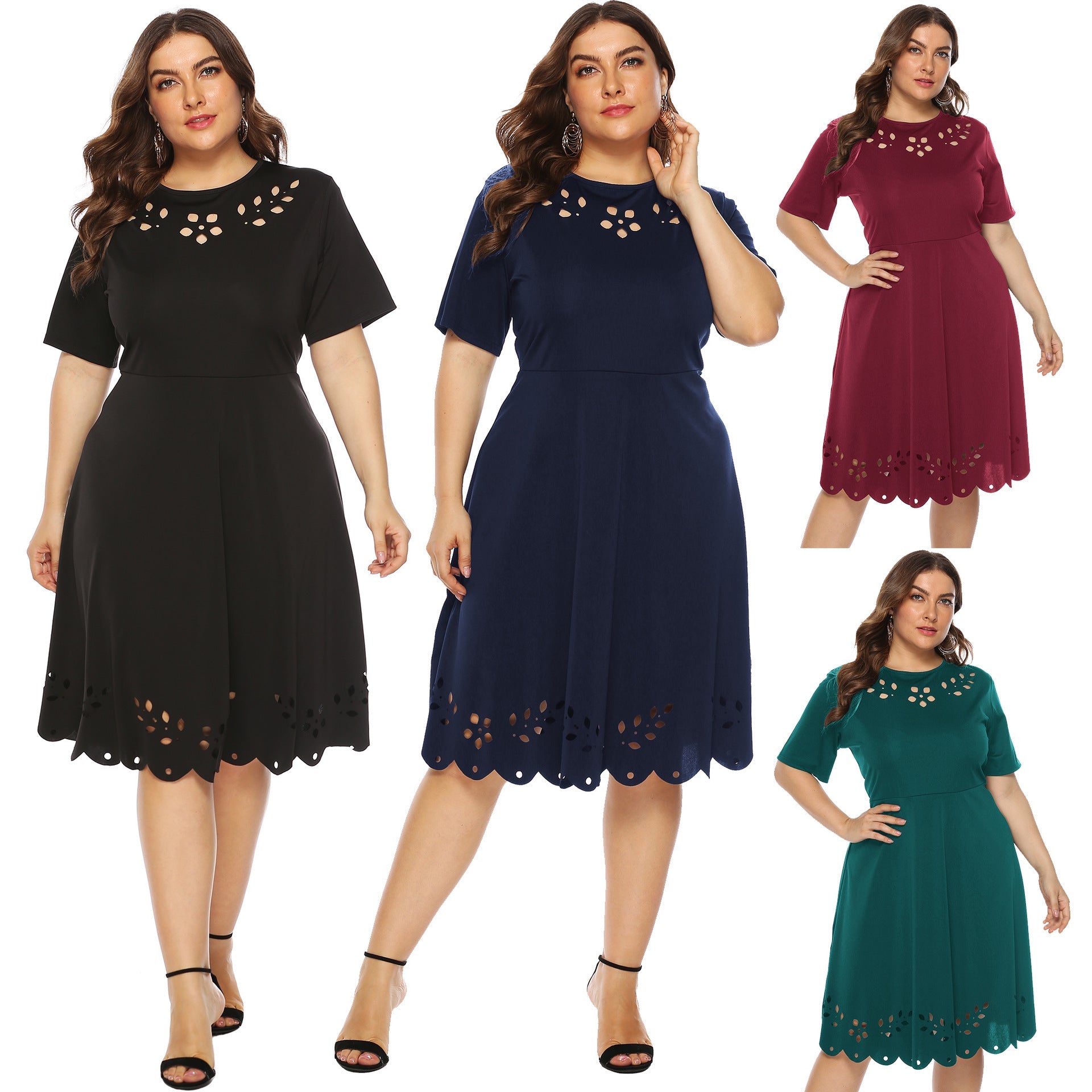 Damen elegantes Kleid mit Ausschnitt und Rüschensaum R&B