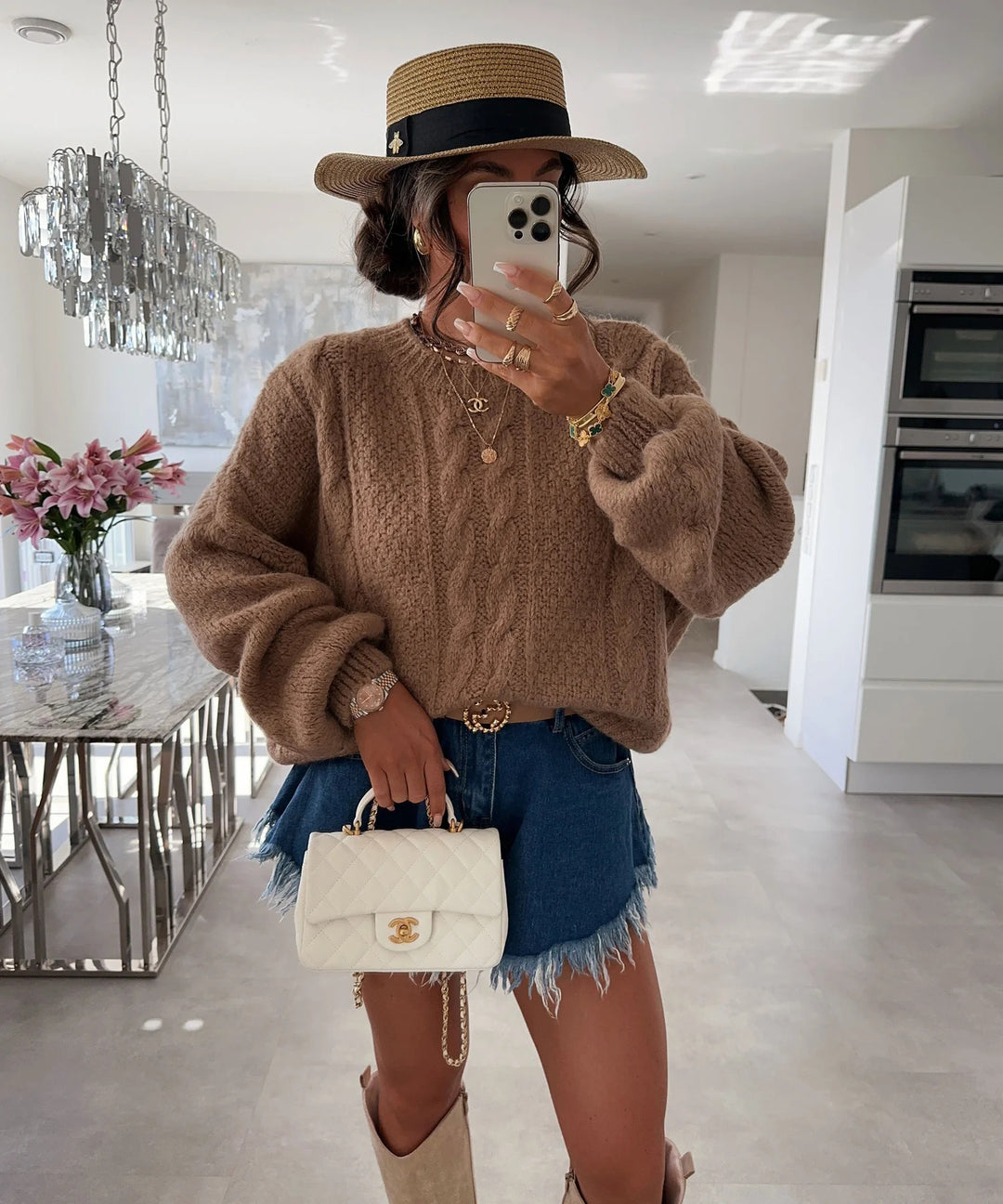 Damen Grobstrickpullover mit voluminösen Ärmeln und romantischem Zopfdesign R&B