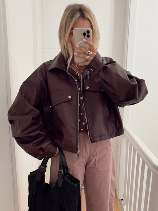 Damen lässige cropped Kunstlederjacke mit voluminösen Ärmeln R&B