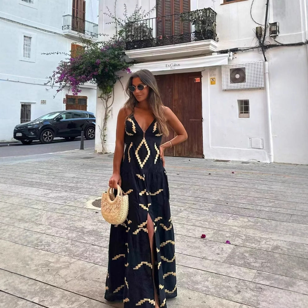Damen Maxikleid mit elegantem V-Ausschnitt und tiefem Rüschensaum R&B