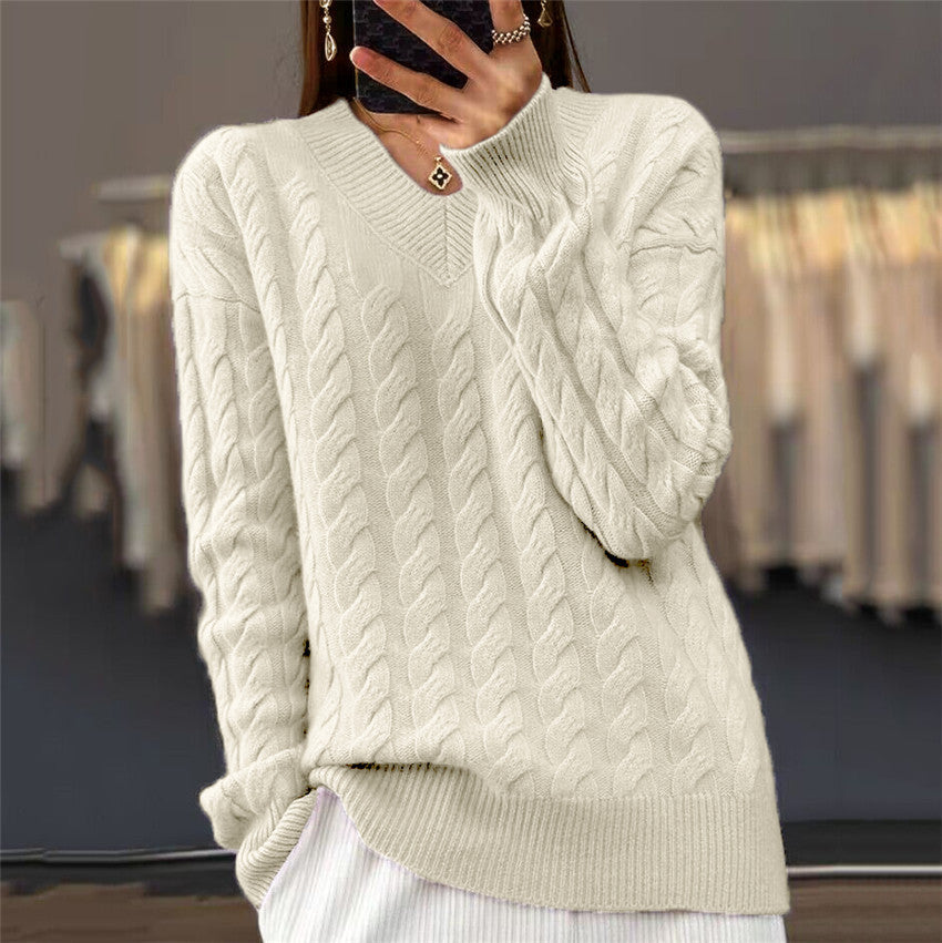 Damen nan weich fallender Zopfmuster-Pullover mit V-Ausschnitt, Oversize-Schnitt und geripptem Saum R&B