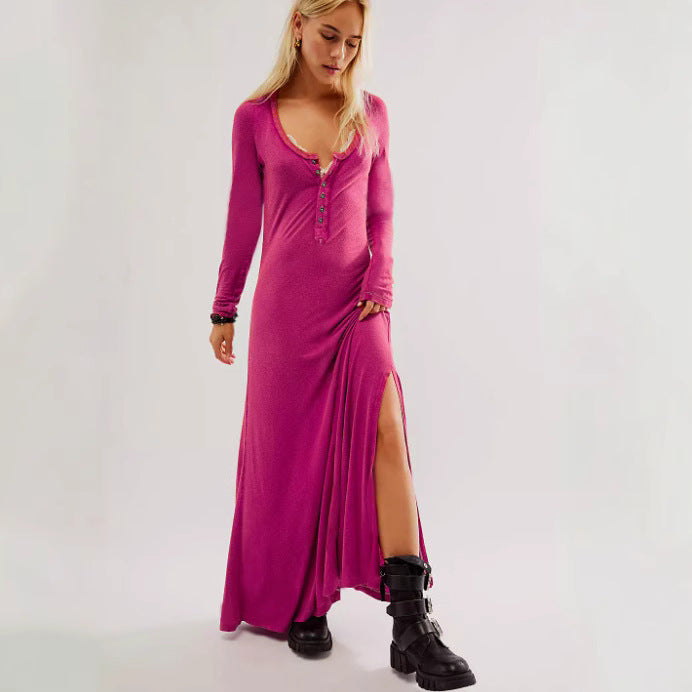 Damen Maxikleid mit knopflosem Ausschnitt und seitlichem Schlitz R&B