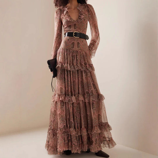 Damen Maxikleid mit rüschenverziertem Gewebe und elegantem V-Ausschnitt R&B