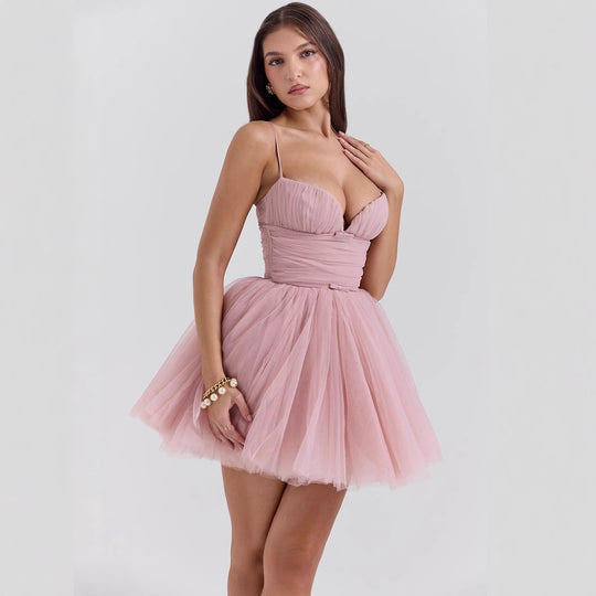 Damen Tüll Cocktailkleid mit tiefem V-Ausschnitt und voluminösem Rock R&B