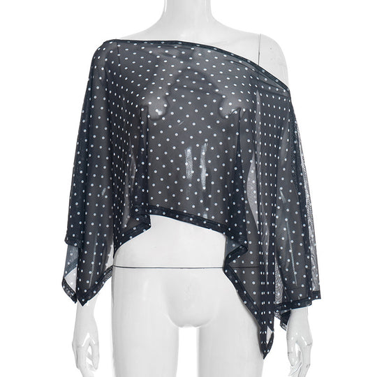 Damen transparentes Oberteil mit asymmetrischem Schnitt und Polka-Dots R&B