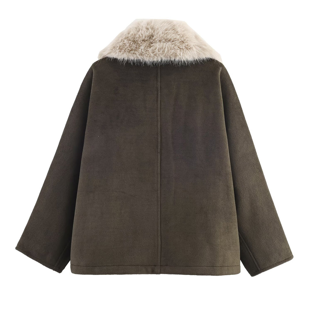 Damen eleganter Oversized-Mantel mit abnehmbarem Kunstfellkragen R&B