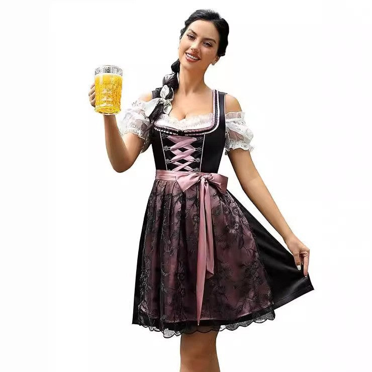 Damen nan traditionelles Dirndlkleid mit Herzausschnitt, korsettähnlicher Schnürung und kariertem Schürzenrock R&B