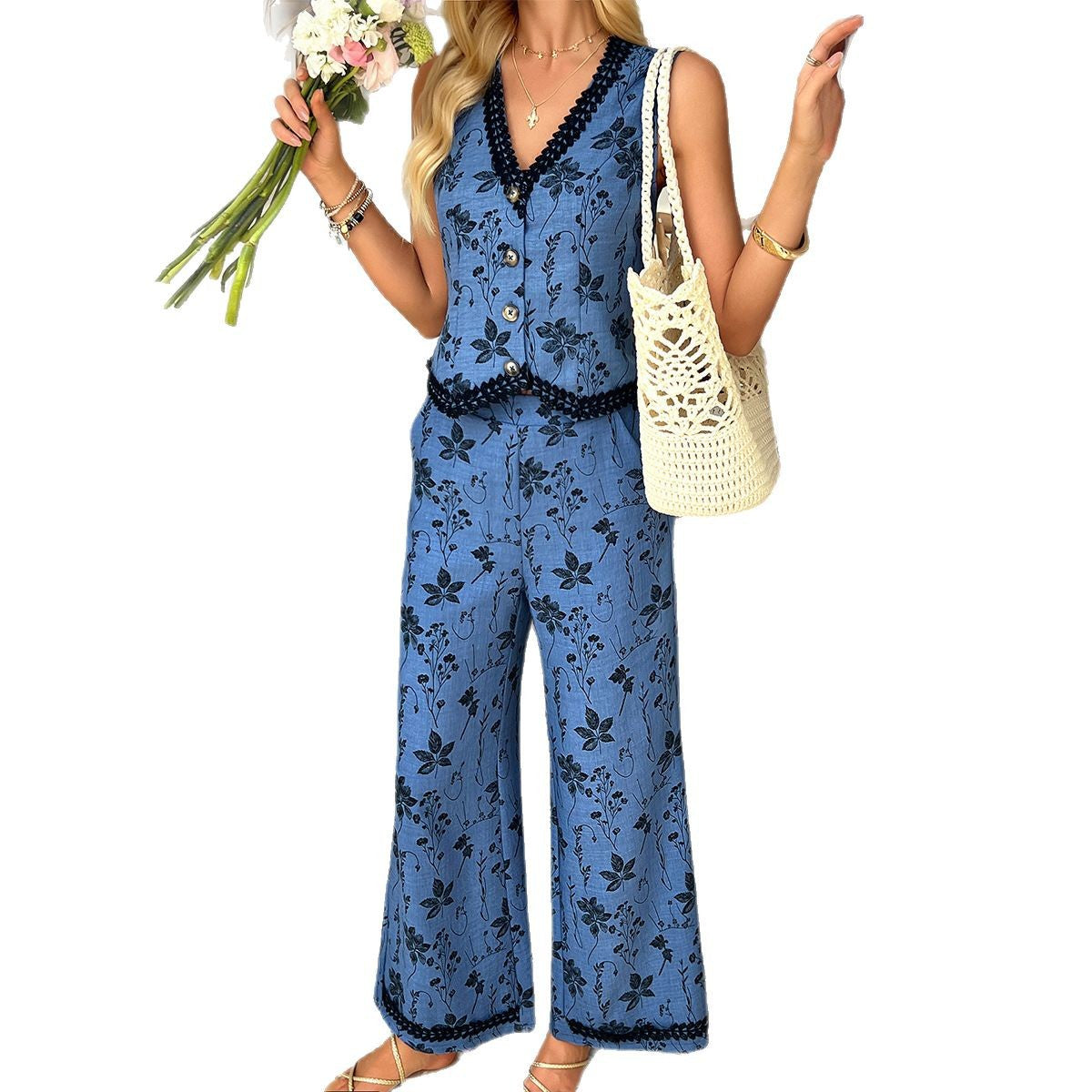 Damen Zweiteiliges Set mit floralem Muster und kontrastierenden Details R&B