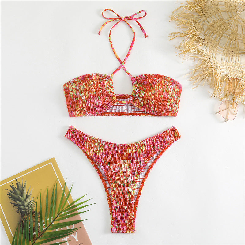 Damen Bandeau-Bikini mit verspieltem Wickeldetail und buntem Design R&B