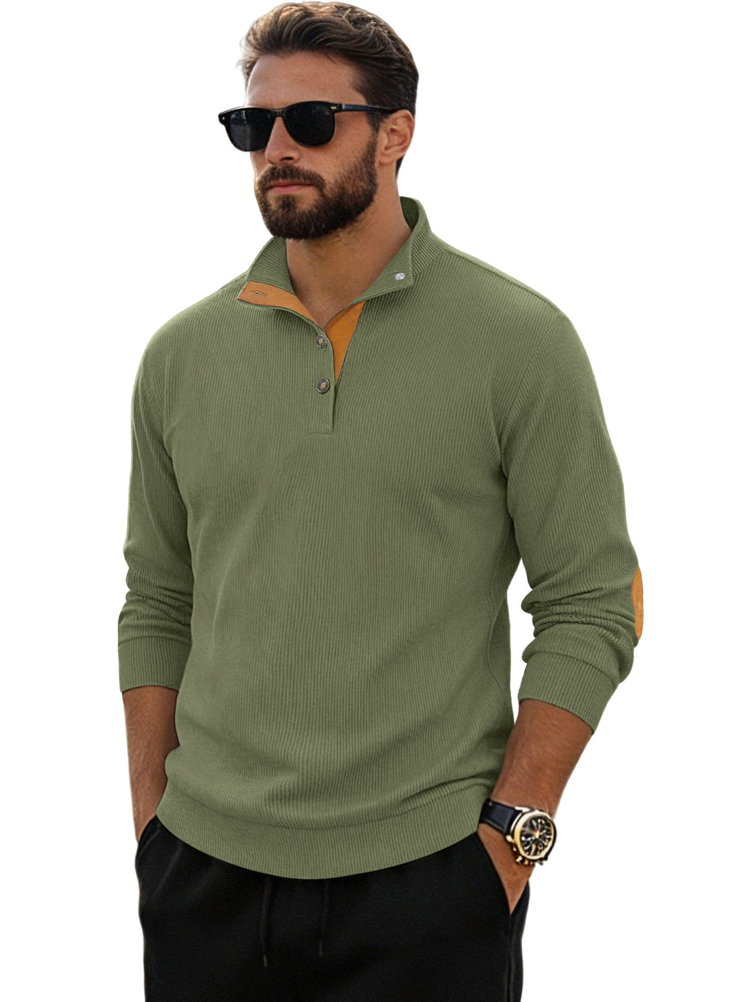 Herren nan fein gerippter Strickpullover mit Polokragen Knopfleiste und Ellenbogenbesatz R&B