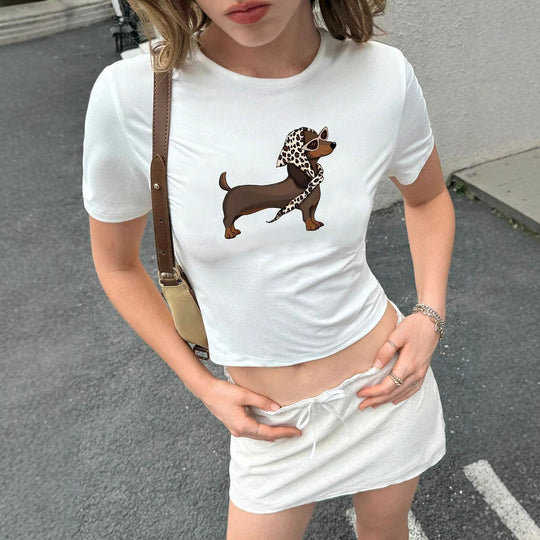 Damen Kurzarm T-Shirt mit künstlerischem Hundemotiv R&B