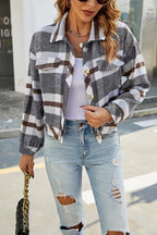 Damen Karierte Utility-Jacke mit voluminösen Ärmeln und Knopfleiste R&B