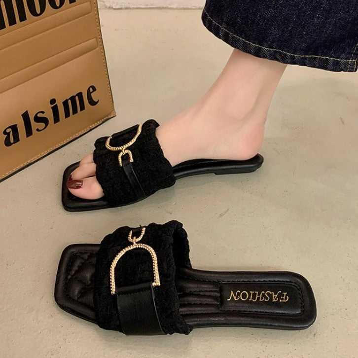 Damen bequeme Pantoletten mit schickem Riemen und Glitzerverschluss R&B