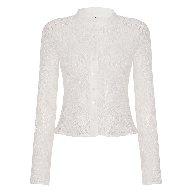 Damen Spitzenshirt mit elegantem Kragen und Knopfdetail R&B