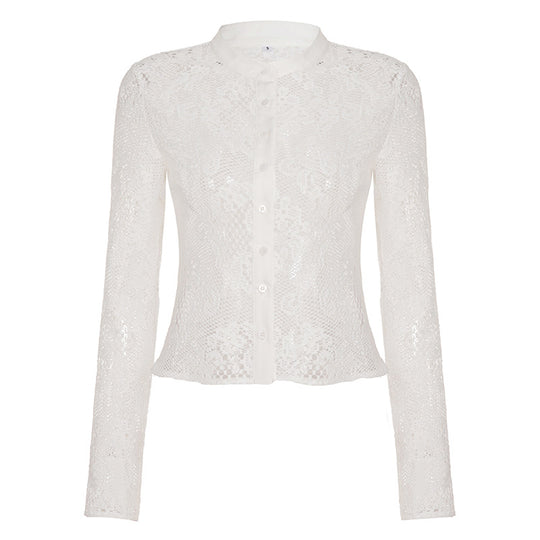 Damen Spitzenshirt mit elegantem Kragen und Knopfdetail R&B