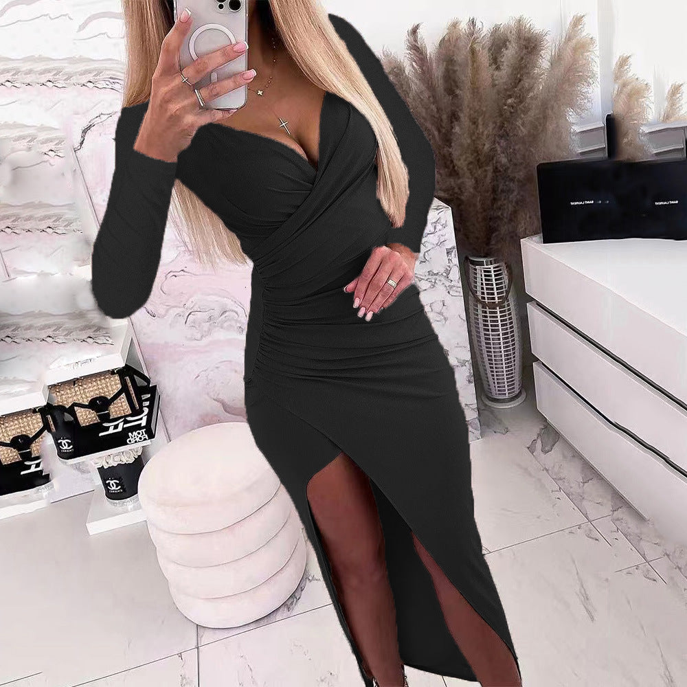 Damen elegantes Wickelkleid mit langen Ärmeln und Seitenschlitz R&B
