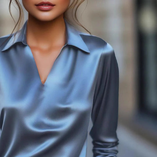 Damen Edles Satin-Oberteil mit V-Ausschnitt und klassischem Kragen R&B