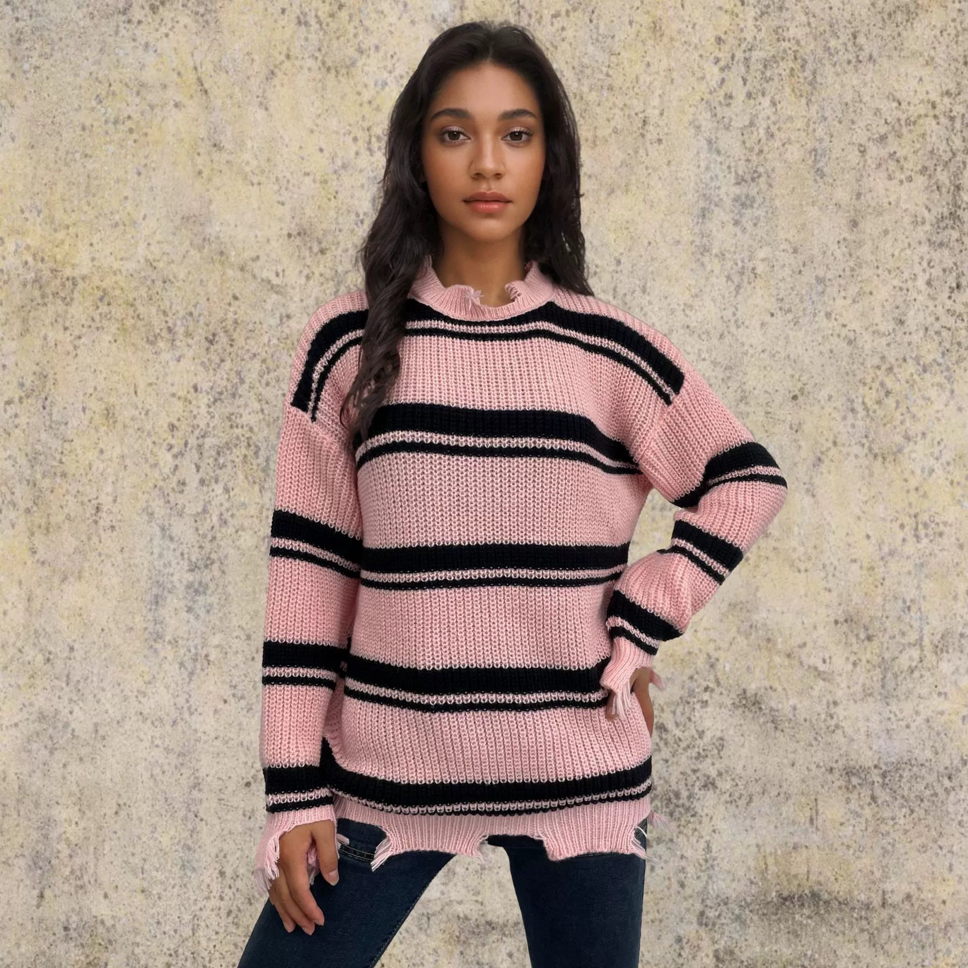 R&B | Pullover Pullover Übergröße Fit Gestrickte Wolle Kontraststreifen Fransen Saum
