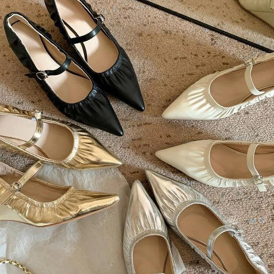 Damen elegante Ballerinas mit verstellbarem Riemen und hochwertiger Satin-Oberfläche R&B