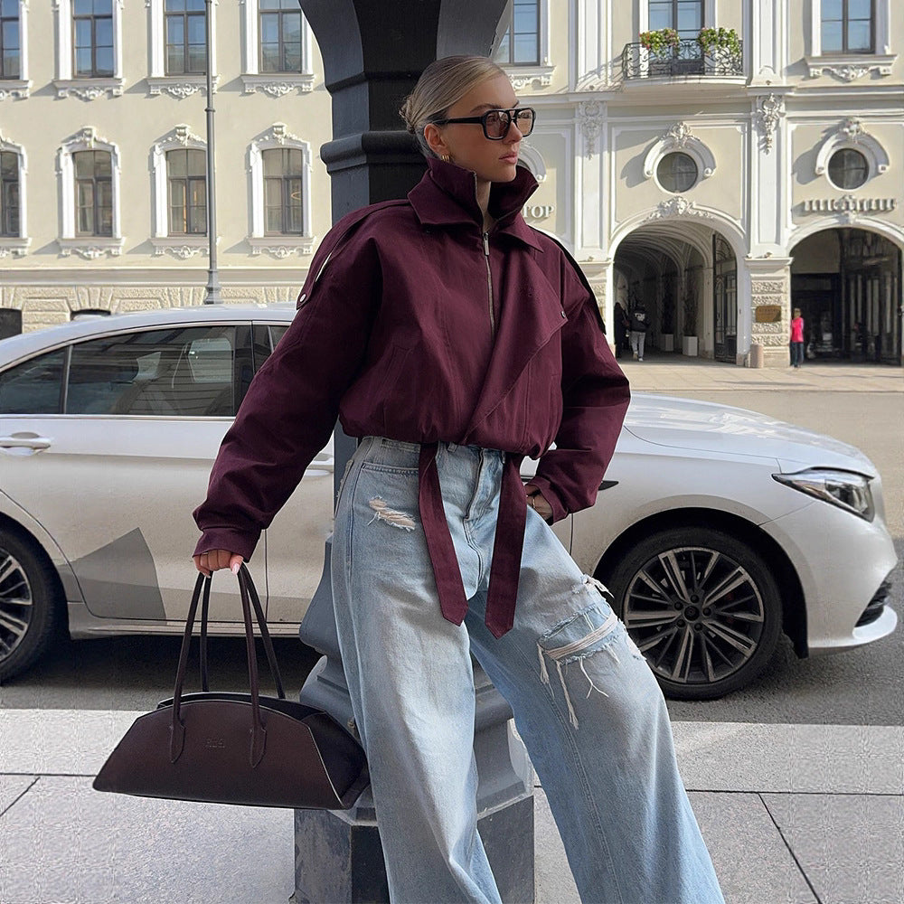Damen oversized Übergangsjacke mit hohem Kragen und Bindegürtel R&B