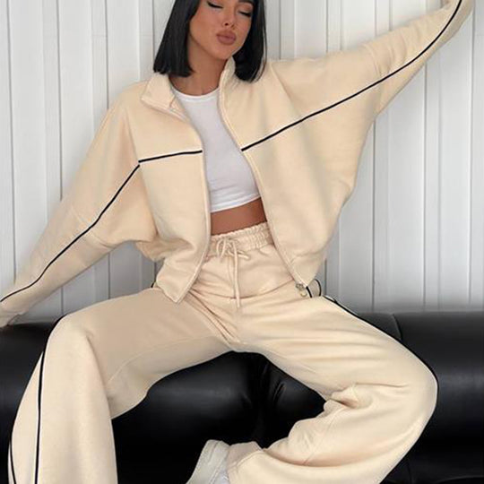 Damen lässiges Crop-Sweat-Set mit weitem Schnitt und hohem Kragen R&B