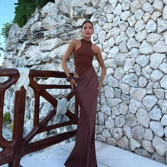 Damen Elegantes bodenlanges Kleid mit hochgeschlossenem Kragen und asymmetrischer Drapierung R&B