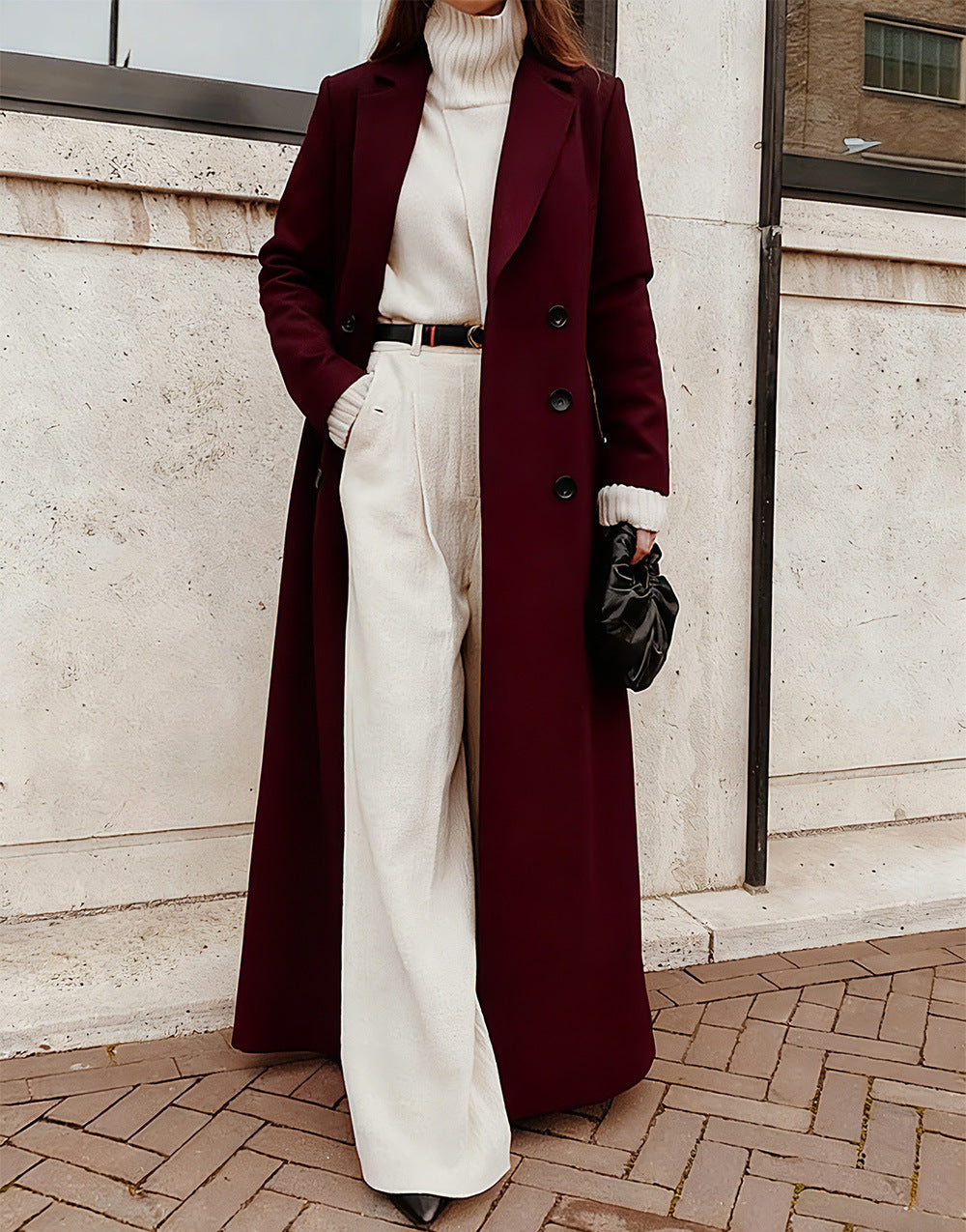 Damen Eleganter Wollmantel mit doppelter Knopfleiste und tiefen Taschen R&B