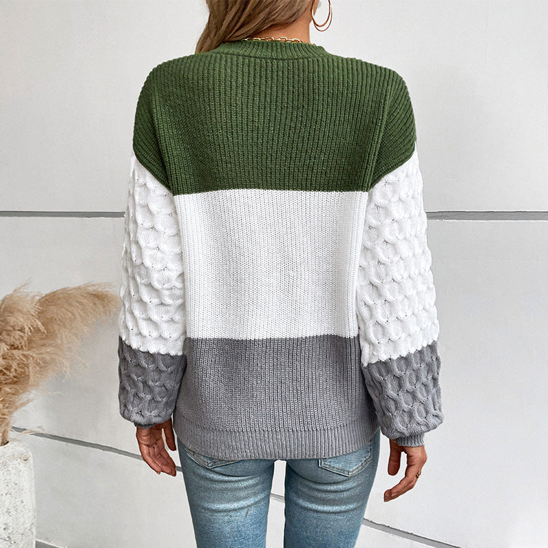 Damen modischer Pullover mit strukturierten Ärmeln und Blockstreifen