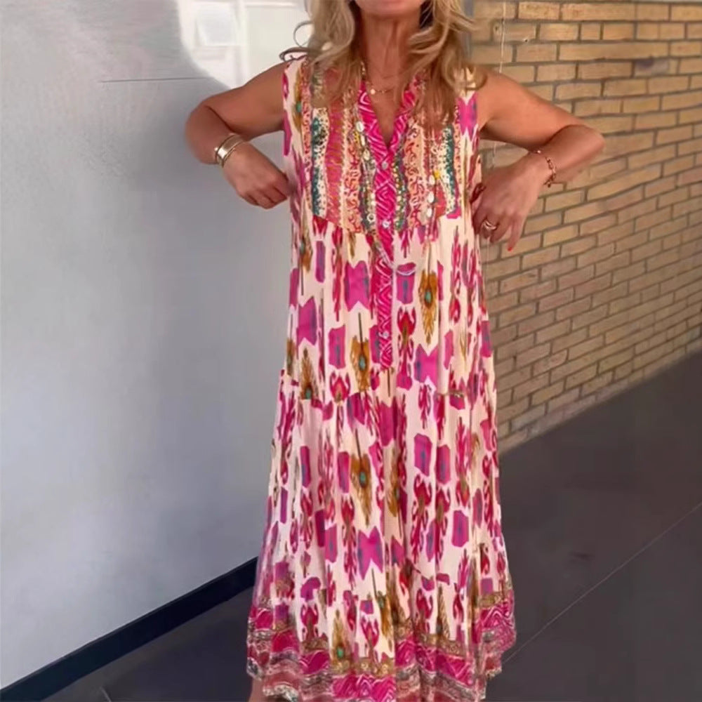 Damen nan fließendes Maxikleid im Boho-Stil mit V-Ausschnitt, Stufenrock und bestickter Passe R&B