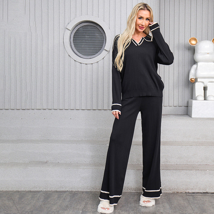 Damen modisches Strick-Loungewear-Set mit schickem Kragen und breiten Beinen R&B