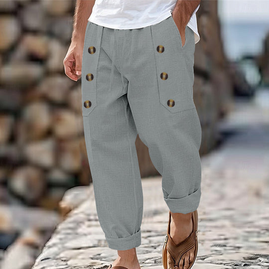 Herren nan lockere Leinenhose mit Zierknopf-Lisenen, gekrempeltem Knöchelabschluss und Eingrifftaschen R&B