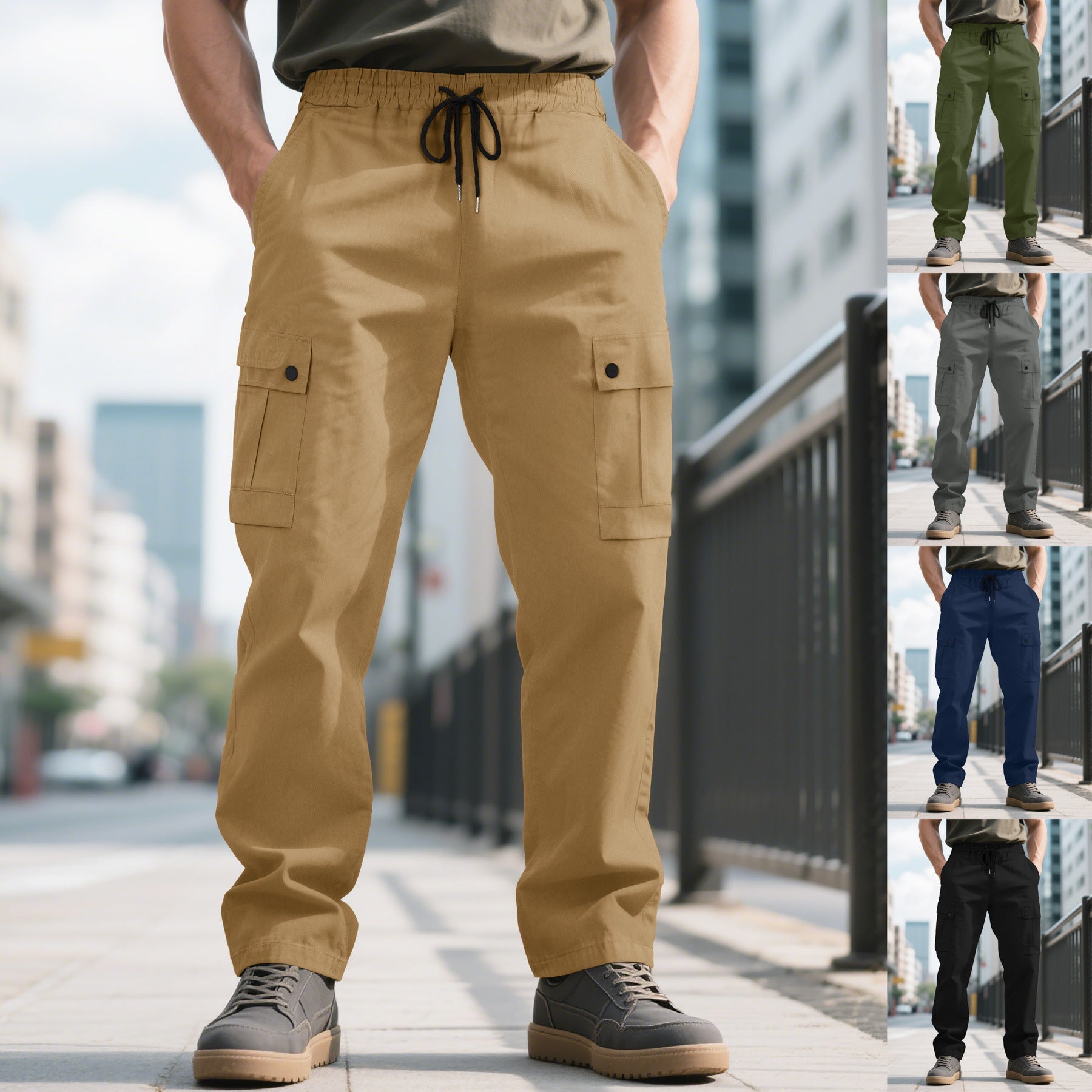 Herren nan urbane utilitarische Cargohose mit elastischem Komfortbund, Tunnelzug und verschließbaren Klappentaschen R&B