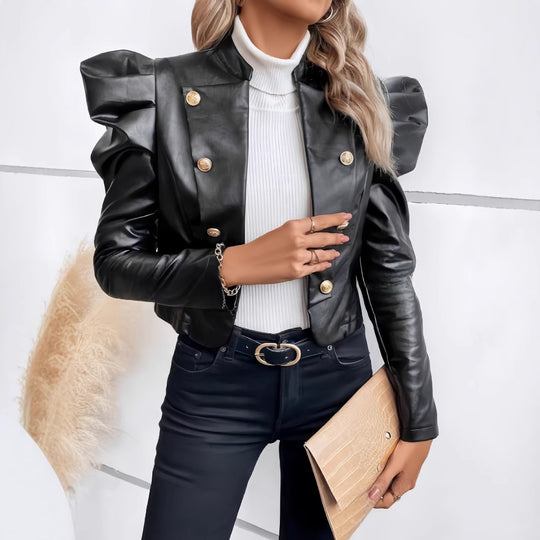 Damen Modische Kunstlederjacke mit puffärmeligen Details und goldenen Knöpfen R&B