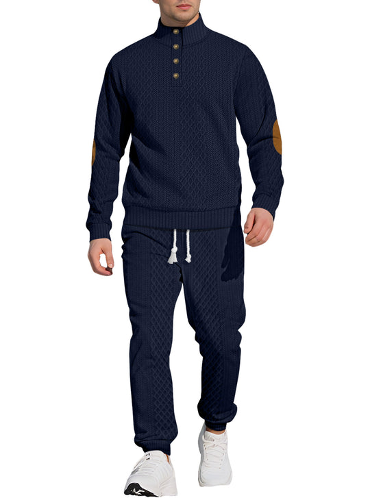 Herren nan strukturiertes Strick-Freizeitset mit Halbknopf-Stehkragen Wildleder-Ellbogenpatches und Kordelbund-Jogger R&B
