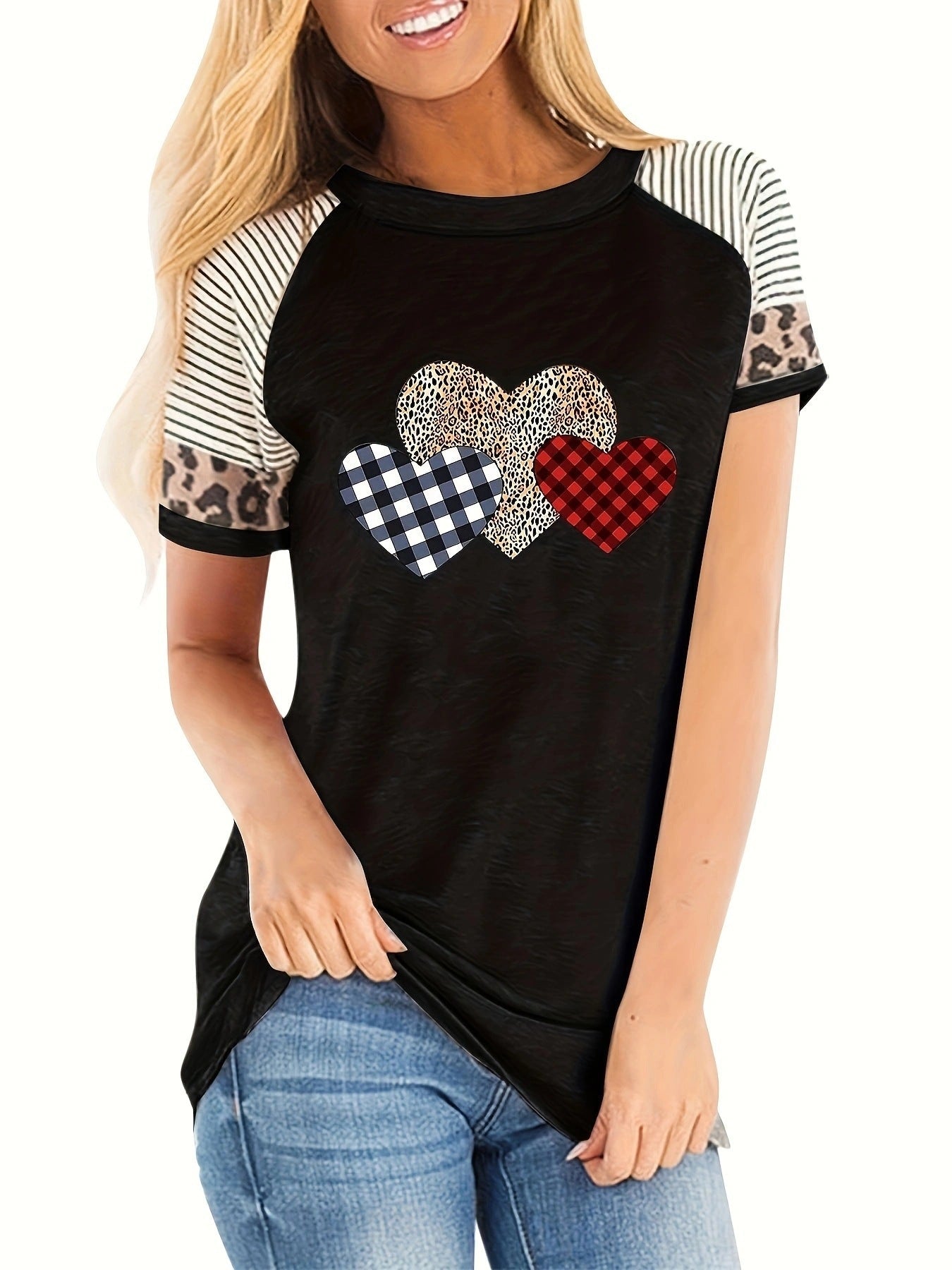 Damen T-Shirt mit Herzmotiv und modischem Streifenmix R&B