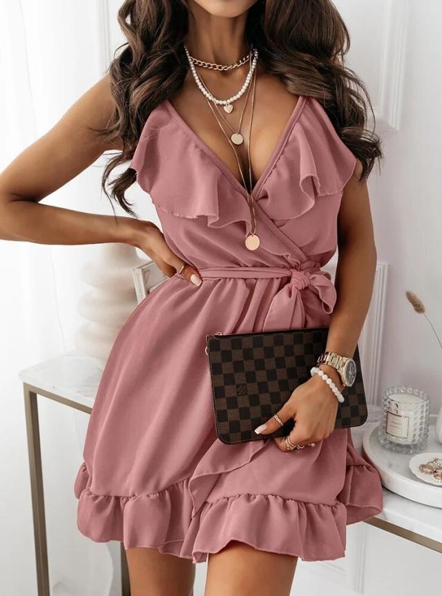 Damen Wickelkleid mit Rüschendetails und tiefem V-Ausschnitt R&B