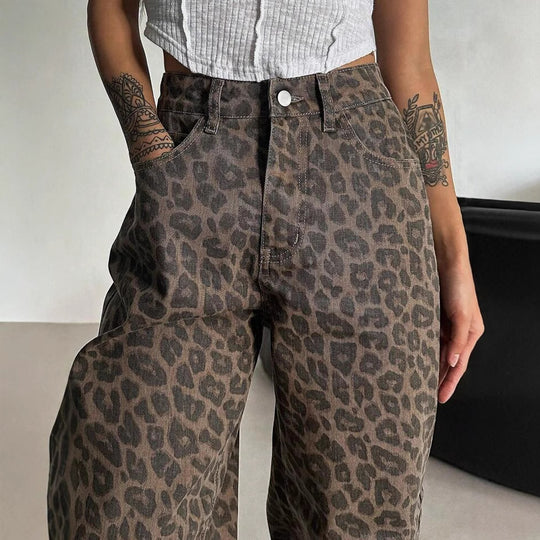 Damen Weit geschnittene Leoparden-Jeans im lässigen Stil R&B
