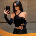 Damen Asymmetrisches Crop-Top mit langen Ärmeln R&B