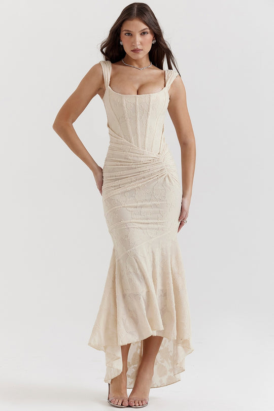 Damen Elegantes Spitzenkleid mit asymmetrischem Saum und gerafften Details R&B
