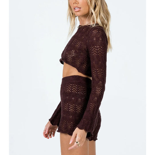 Damen elegantes Strick-Crop-Top und Shorts Set R&B