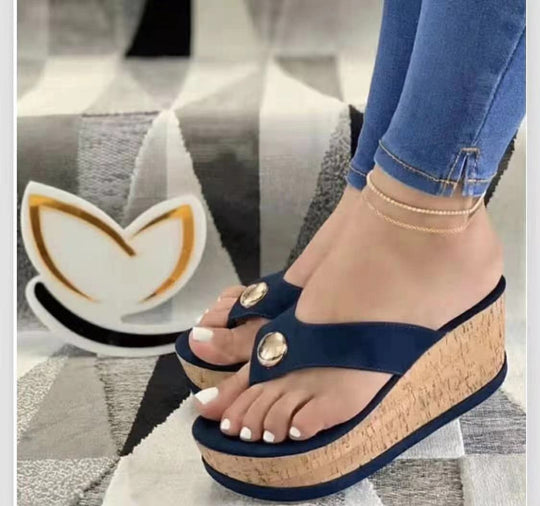 Damen nan Zehentrenner-Plateau-Sandalette mit Korkkeilabsatz und dekorativem Zierknopf R&B