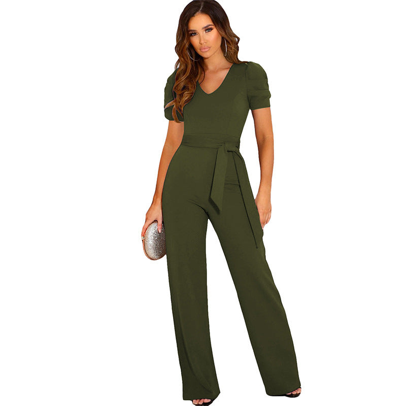 Damen Eleganter Jumpsuit mit Taillengürtel und Puffärmel R&B