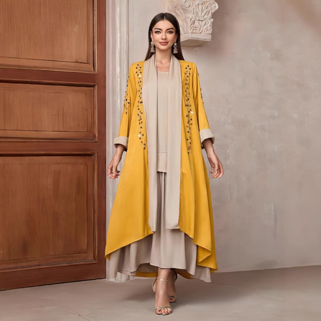 Damen Langarm-Kimono mit dekorativen Applikationen und asymmetrischem Saum R&B