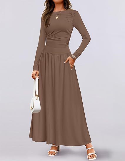Damen Langärmliges Maxikleid mit eleganten Rüschendetails und praktischen Taschen R&B